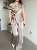 Women's Satin Two Piece Set Off-the-Shoulder Top & Wide Leg Pants