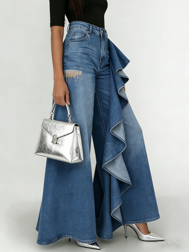 Women's Jeans Denim Wide-Leg Ruffle Asymmetric Flare Style