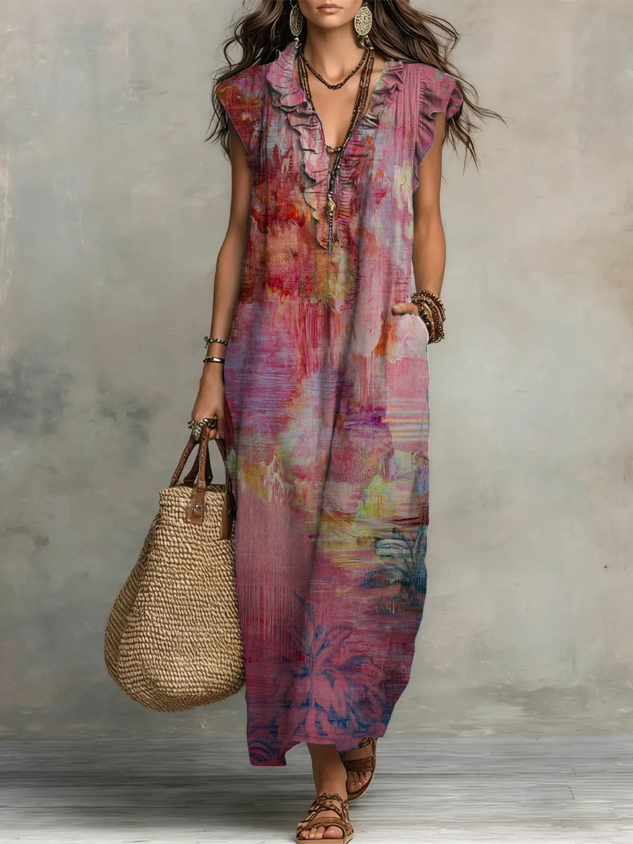 Women's Linen Maxi Dress V-Neck Boho Kaftan Short Sleeve Sun Dress