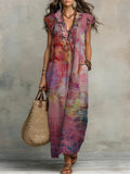 Women's Linen Maxi Dress V-Neck Boho Kaftan Short Sleeve Sun Dress