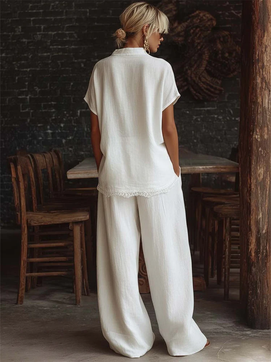 Women's Linen Two Piece Set Wide Leg Trousers and Short Sleeve Top Shirt