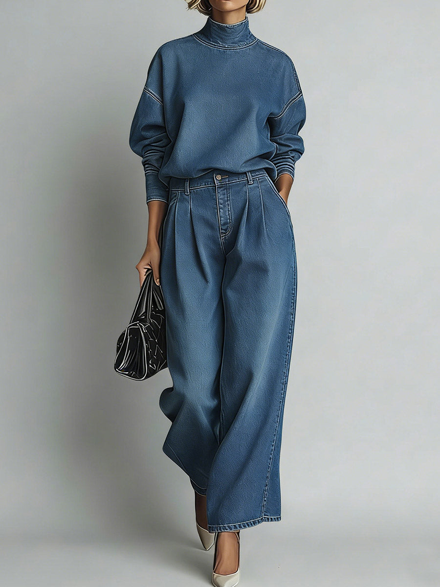 Women's Denim Mock Neck Sweatshirt and Wide Leg Pants Set