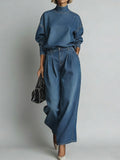 Women's Denim Mock Neck Sweatshirt and Wide Leg Pants Set