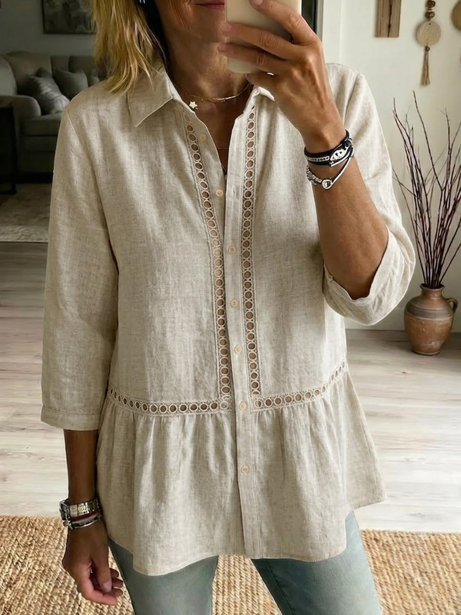 Women's Linen Blend Button Down Tiered Tunic Blouse