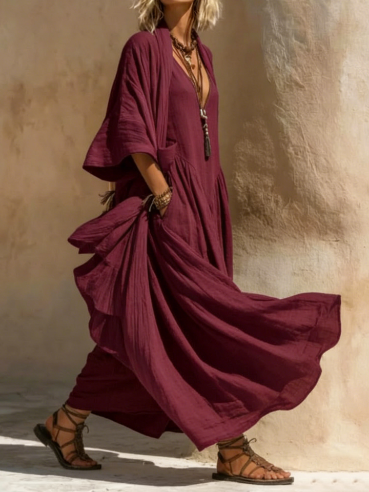Women's Maxi Dress Linen Boho Kaftan Long Sleeve Gown Loose Fit Casual Gown