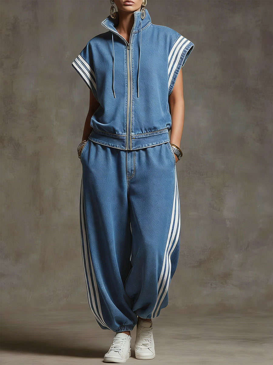 Women's Denim Two Piece Zip-Up Top & Wide Leg Set