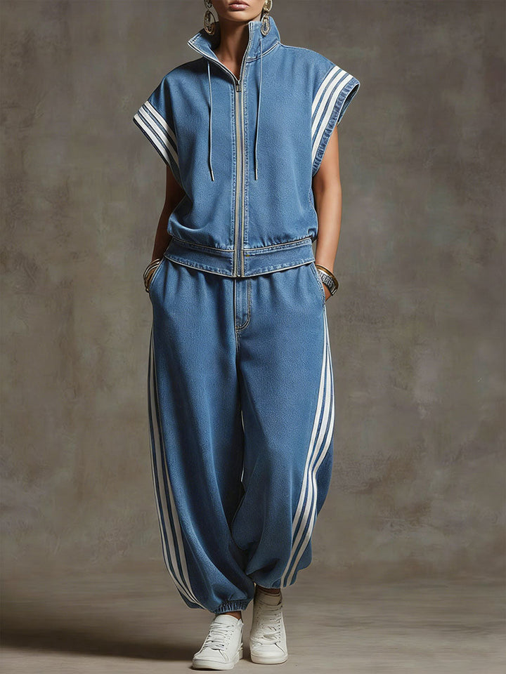 Women's Denim Two Piece Zip-Up Top & Wide Leg Set