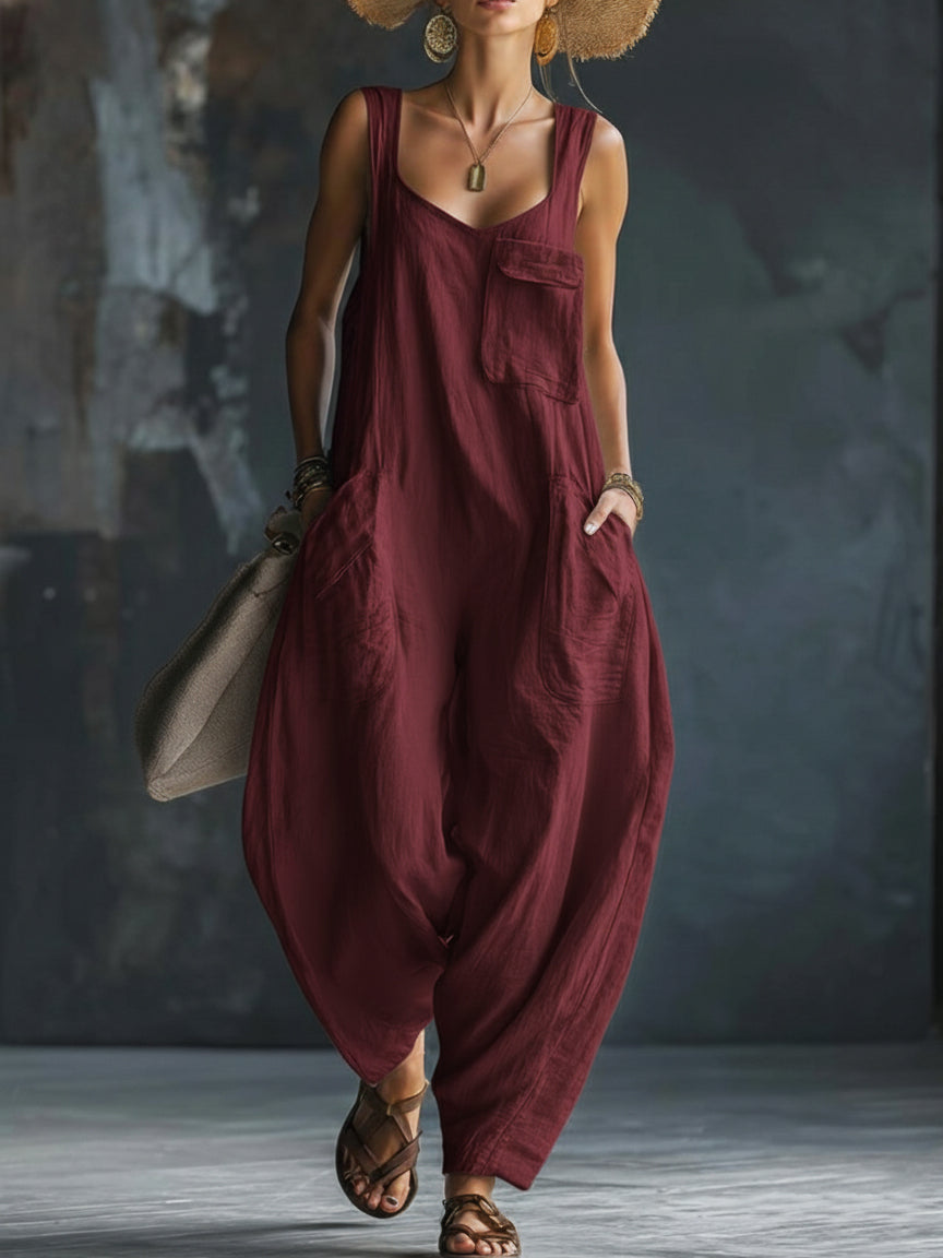 Women's Linen Jumpsuit Loose Fit Sleeveless Harem Dungarees Play-suit