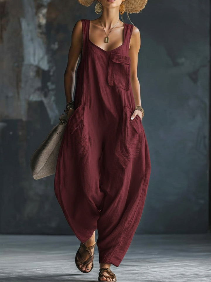 Women's Linen Jumpsuit Loose Fit Sleeveless Harem Dungarees Play-suit