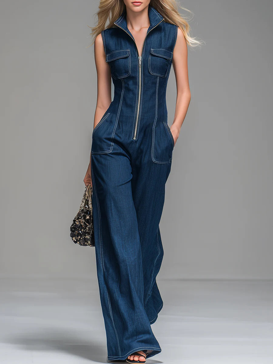Women's Denim Jumpsuit Sleeveless Wide Leg Romper