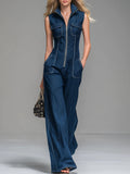 Women's Denim Jumpsuit Sleeveless Wide Leg Romper