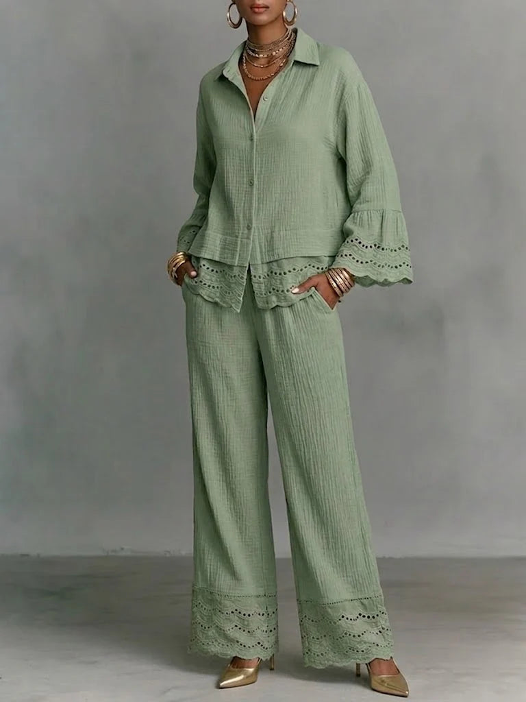 Women's Linen Wide Leg Trousers and Ruffle Top Two Piece Set