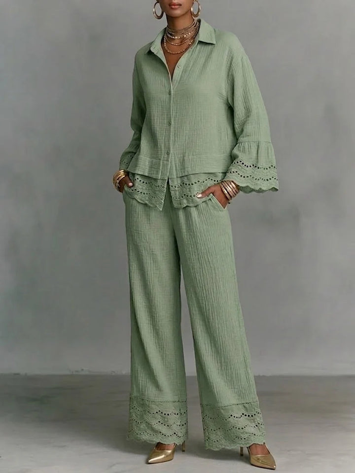 Women's Linen Wide Leg Trousers and Ruffle Top Two Piece Set