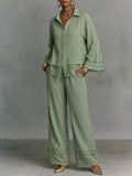 Women's Linen Wide Leg Trousers and Ruffle Top Two Piece Set