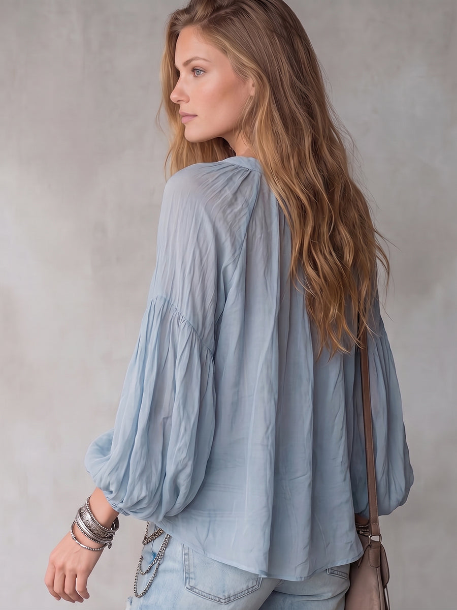 Women's Loose Fit Retro Linen Lantern Sleeve Blouse