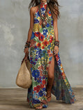 Women's Floral Halter Neck Maxi Dress High Slit Linen Blend Dress