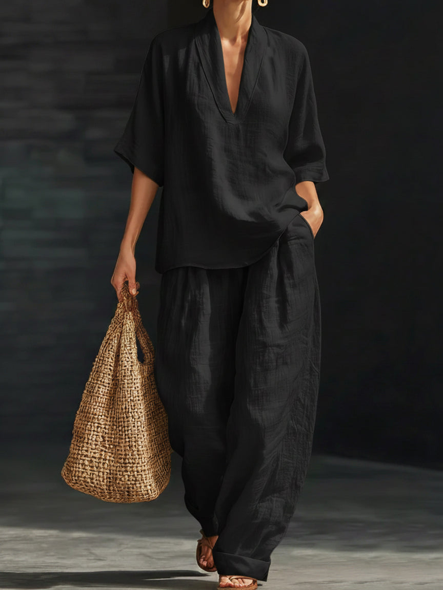 Women's Linen Two Piece Set V Neck Short Sleeve Top and Wide Leg Trousers