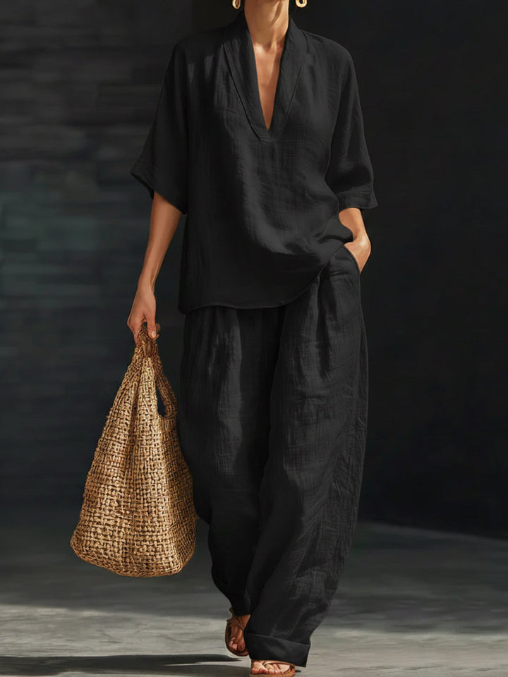 Women's Linen Two Piece Set V Neck Short Sleeve Top and Wide Leg Trousers