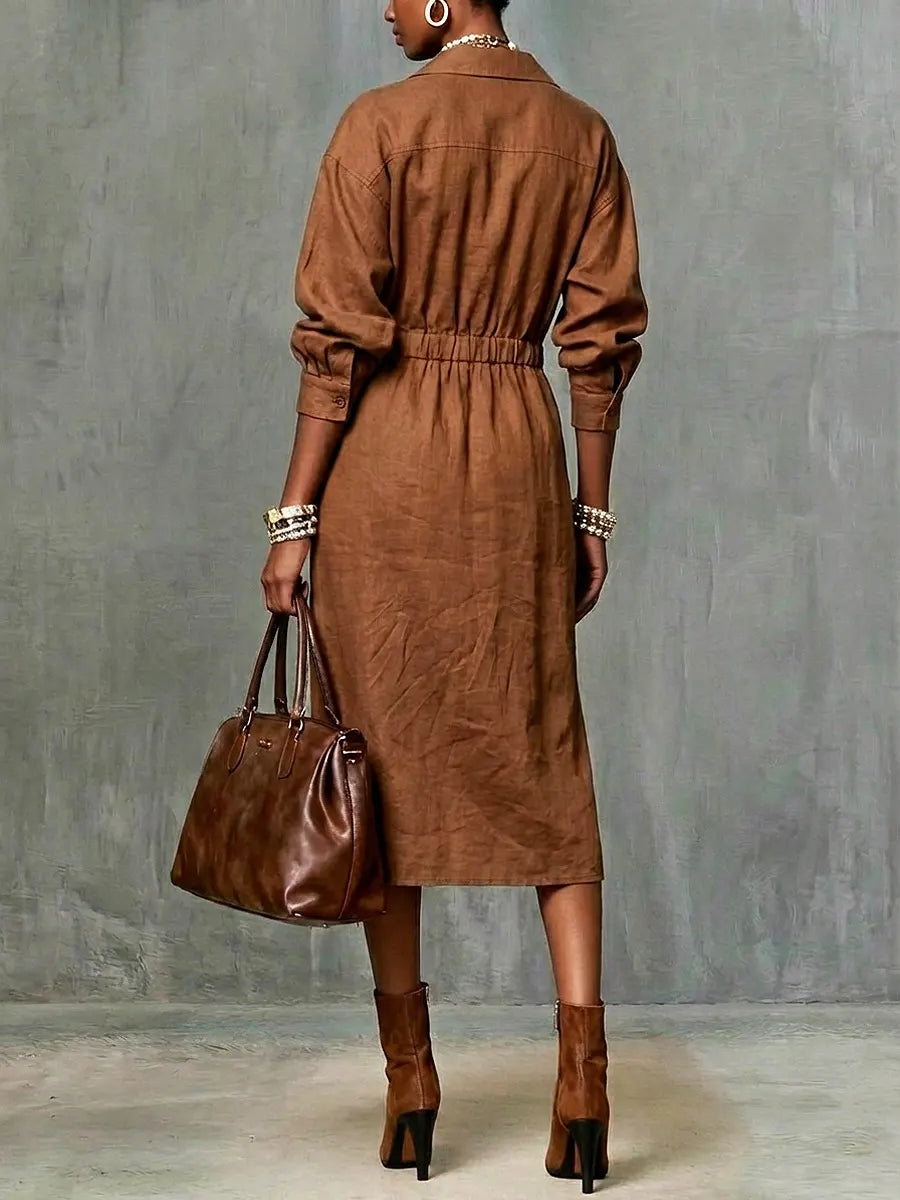 Women's Linen Zip Collar Midi Shirt Dress