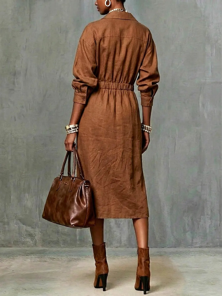 Women's Linen Zip Collar Midi Shirt Dress