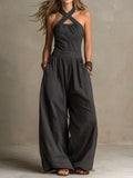 Women's Linen Blend Halter Crossed Collar Wide-Leg Jumpsuit