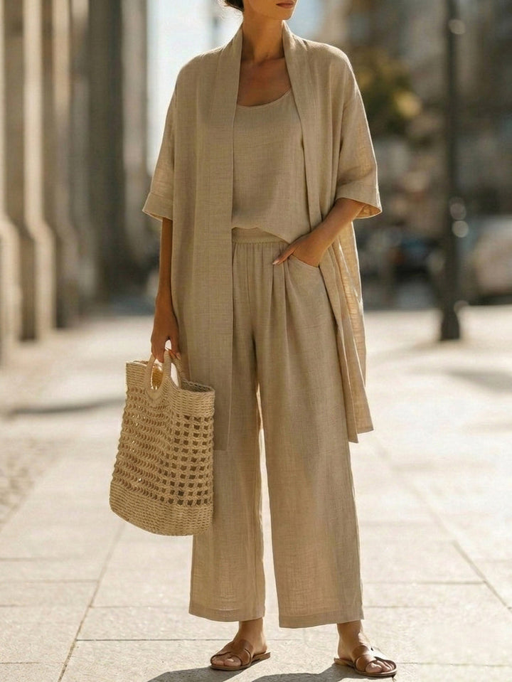 Women's Linen Blend 3 Piece Wide Leg Trouser Set with Open Front Cardigan