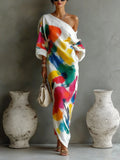 Women's One Shoulder Linen Maxi Dress With Batwing Sleeve