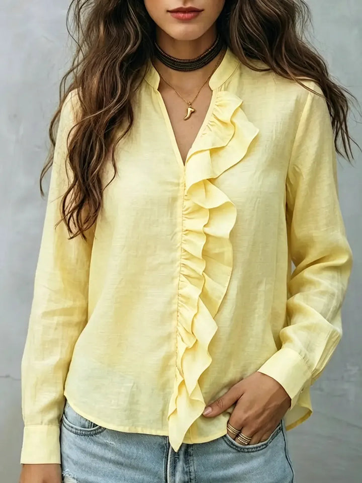 Women's Linen Ruffle Blouse Long Sleeve V-Neck Shirt