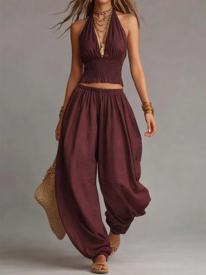 Women's Linen Halter Neck Top and Harem Trousers Two Piece Set
