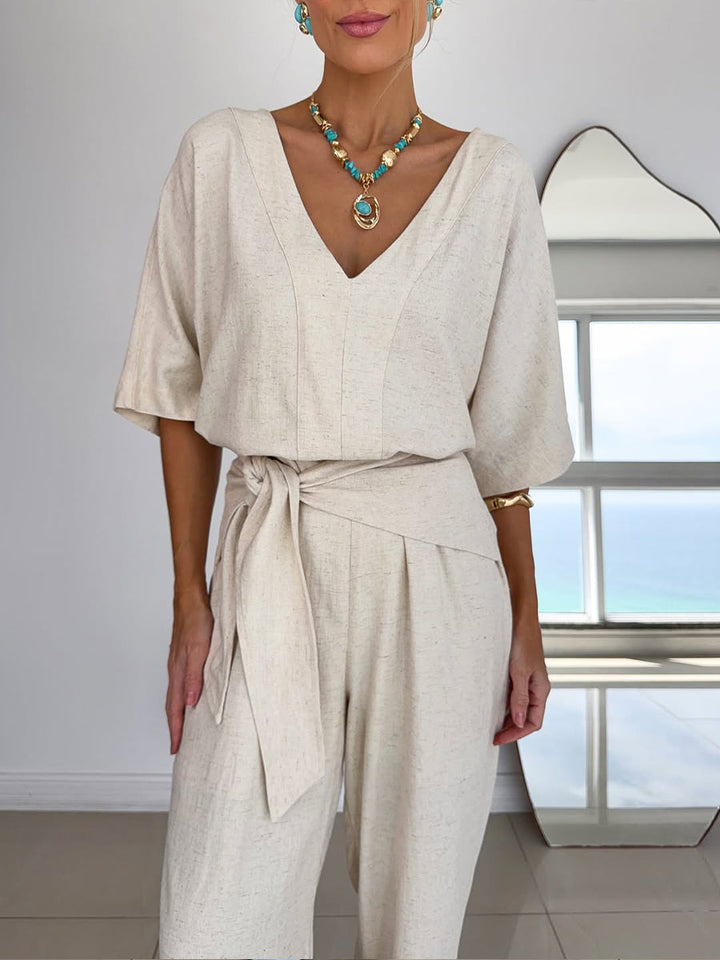 Women's Linen Jumpsuit V-Neck Short Sleeve Belted Wide Leg One Piece Romper