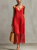 Women's Linen Maxi Dress Fringe Hem Sleeveless V-Neck Sundress