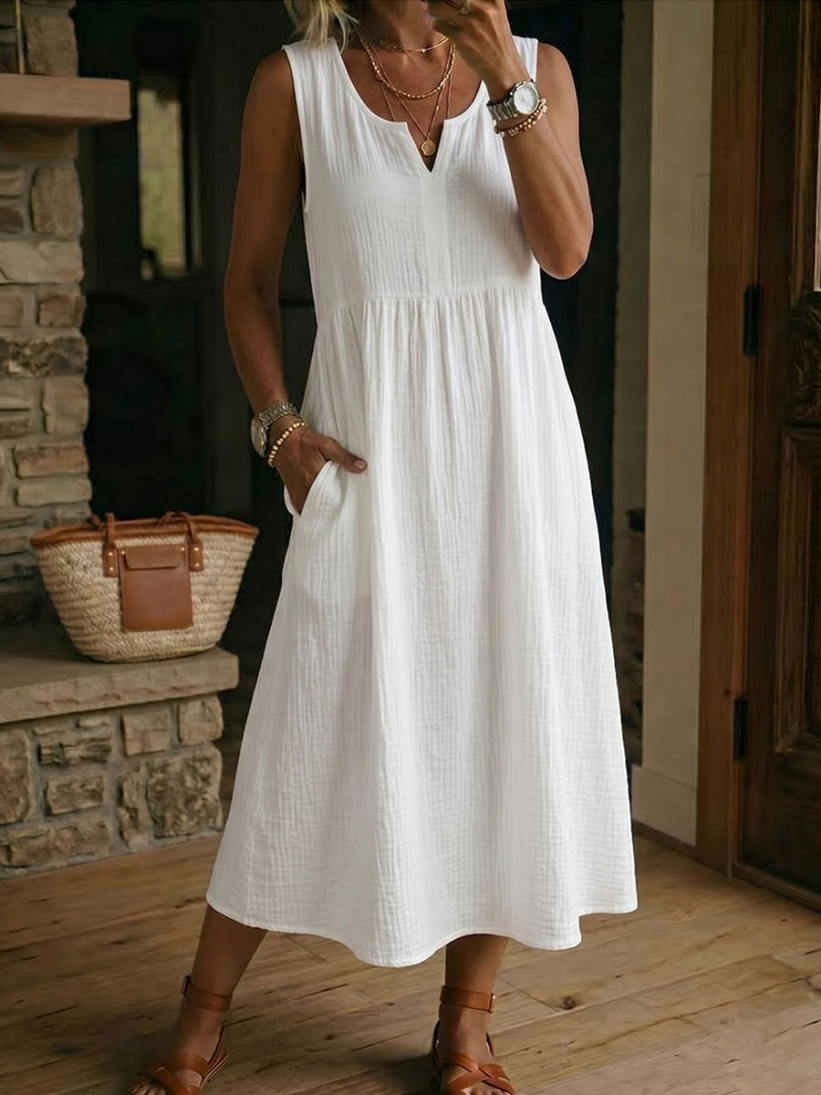Women's Linen Sleeveless V-Neck Midi A-Line Sun Dress