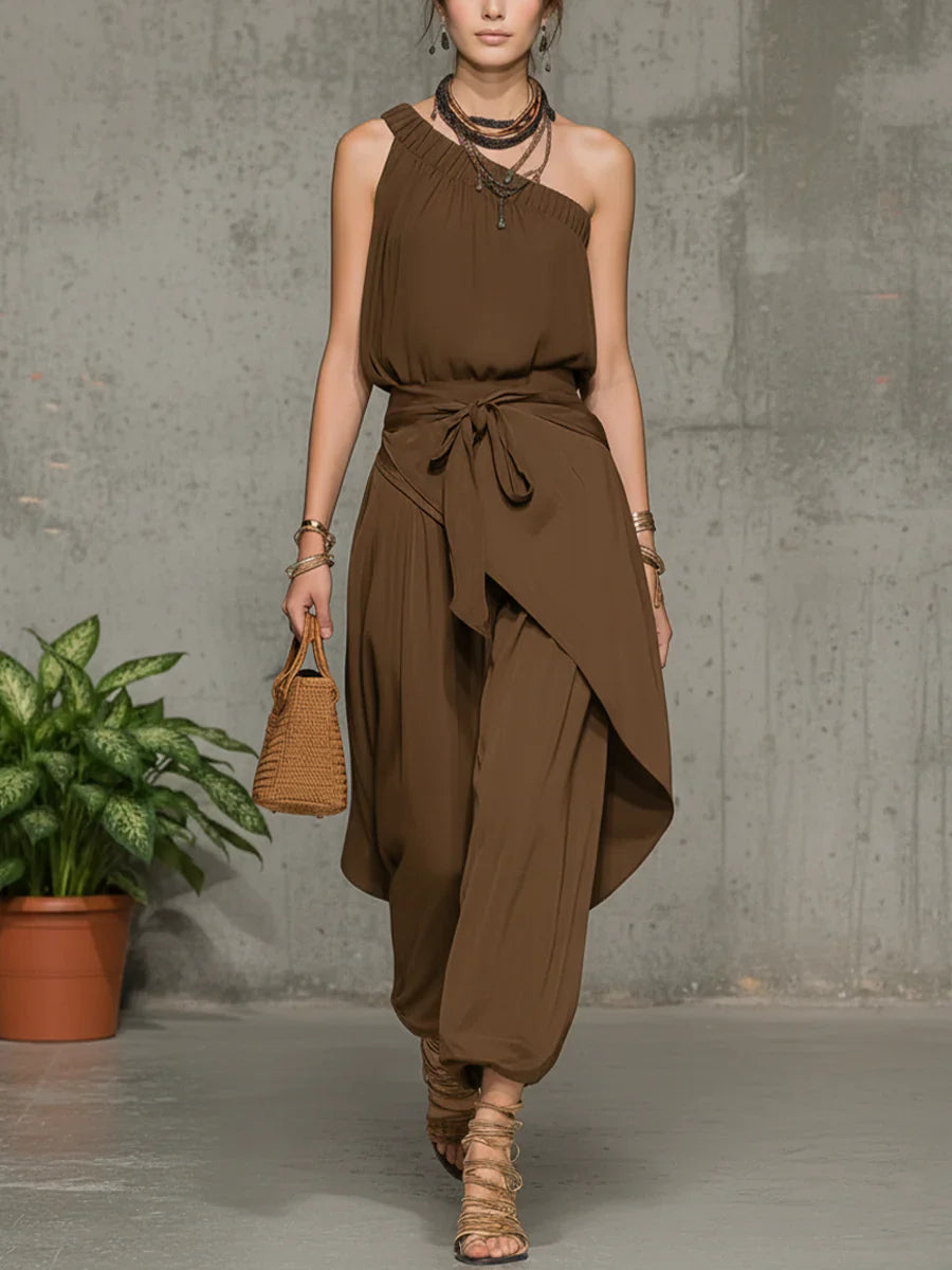 Women's One Shoulder Linen Jumpsuit Harem Wide Leg Romper