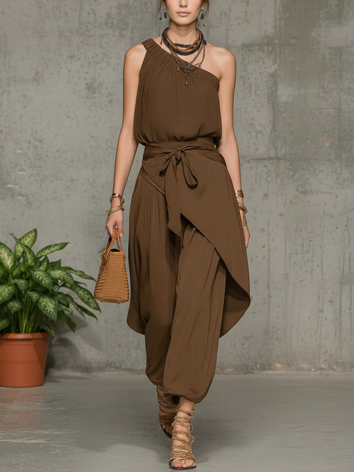 Women's One Shoulder Linen Jumpsuit Harem Wide Leg Romper