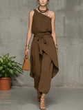 Women's One Shoulder Linen Jumpsuit Harem Wide Leg Romper