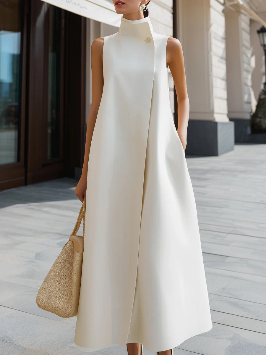 Women's High Neck Sleeveless Maxi Dress Linen Mix A-Line Evening Gown