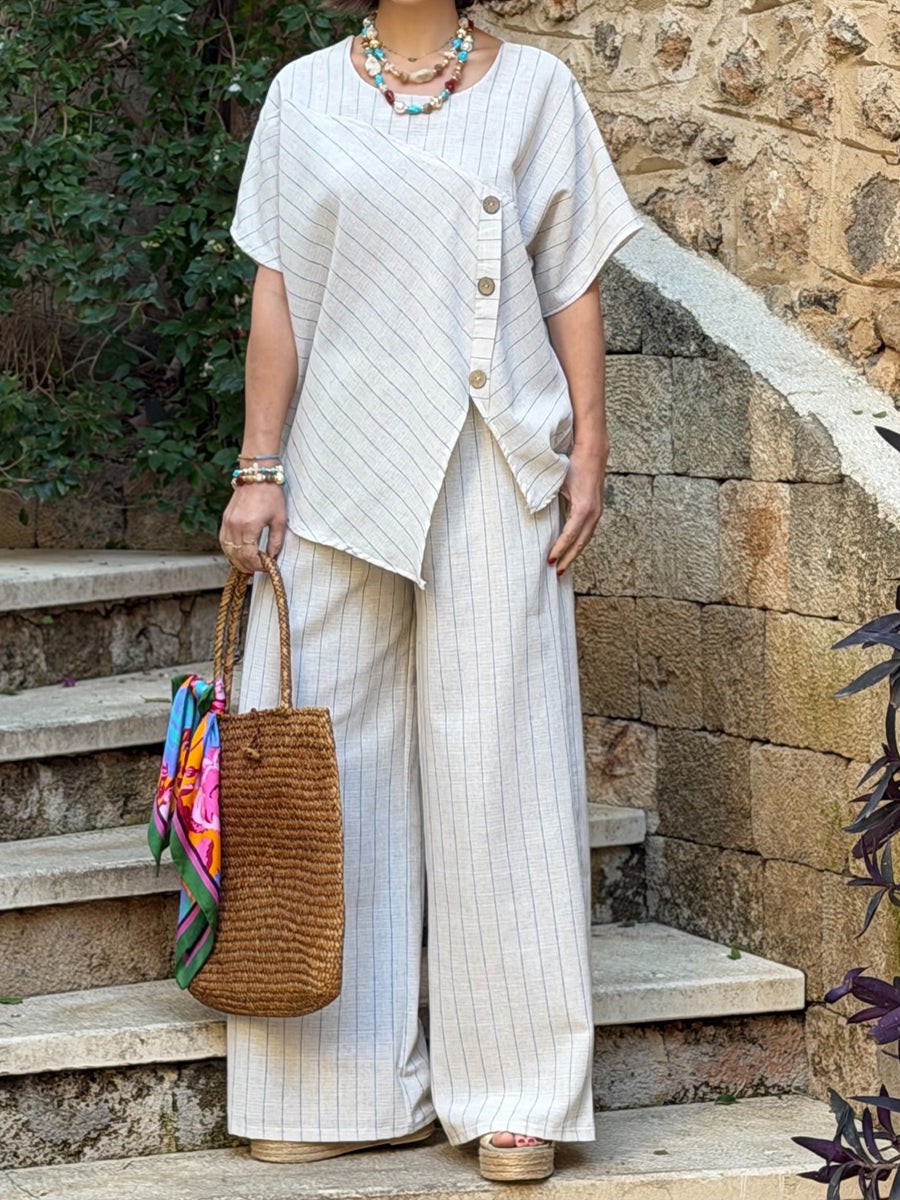 Women's Linen Two Piece Set Wide Leg Trousers and V-Neck Tunic Top