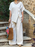 Women's Linen Two Piece Set Wide Leg Trousers and V-Neck Tunic Top