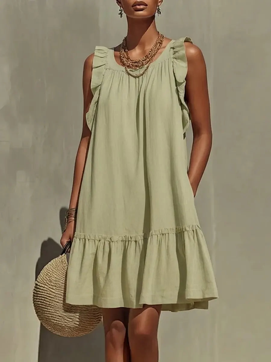 Women's Linen Mini Dress Sleeveless Ruffle Hem A-Line Sundress