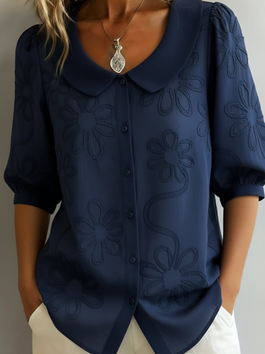 Vintage Peter Pan Collar Embroidered Floral Women Shirt Wool Mix Retro Blouse