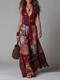 Women's V-Neck Sleeveless Boho Patchwork Print Linen Maxi Sundress
