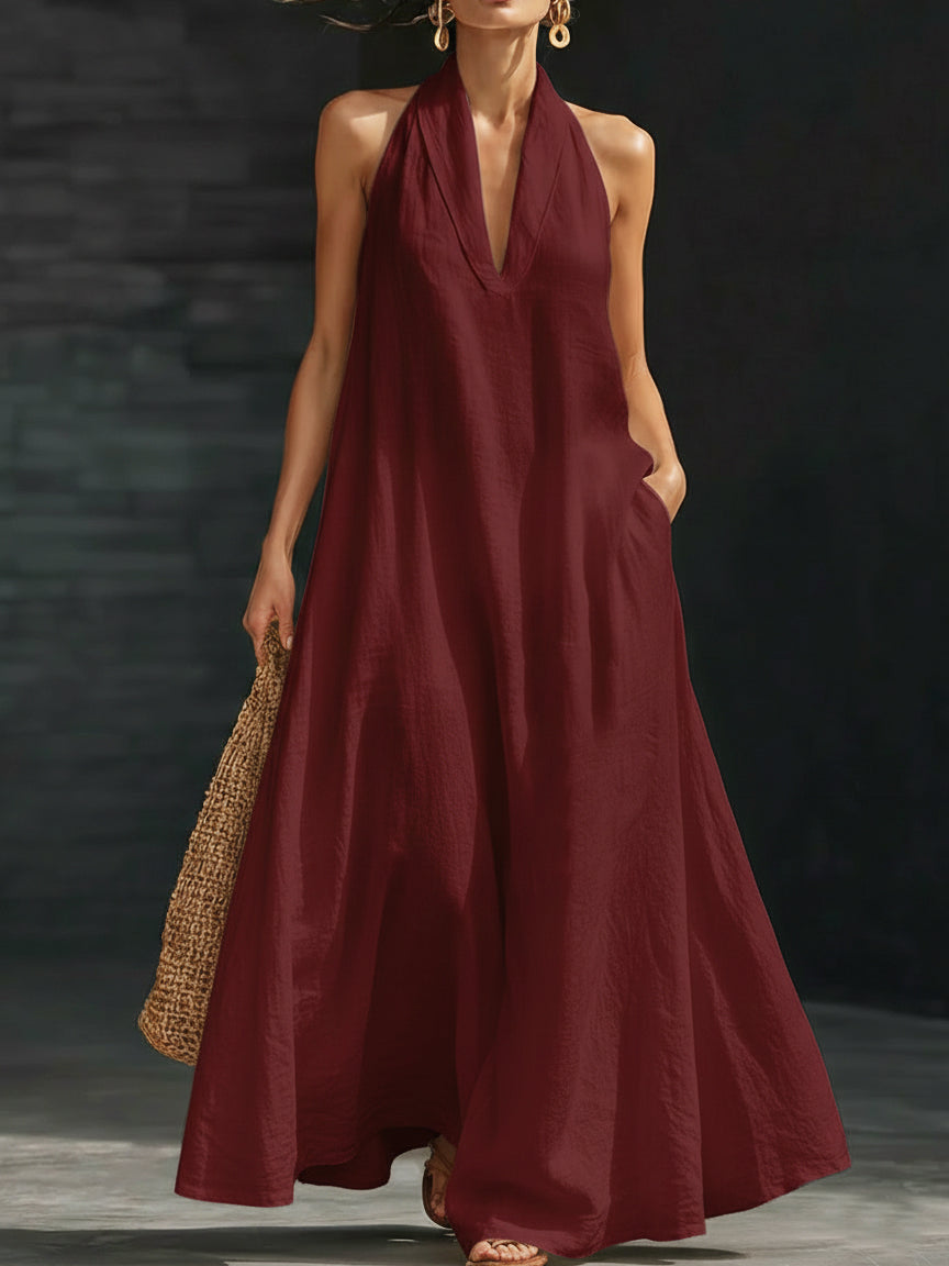 Women's Linen Halter Neck Backless Maxi Dress