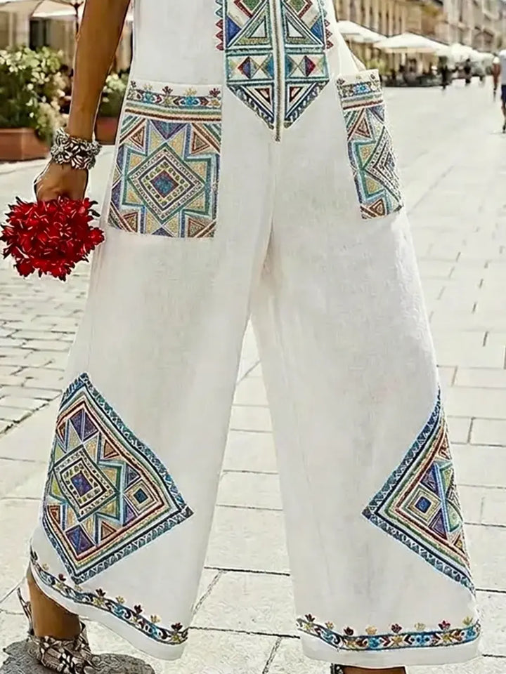 Women's Linen Embroidered Sleeveless V-Neck Wide Leg Jumpsuit