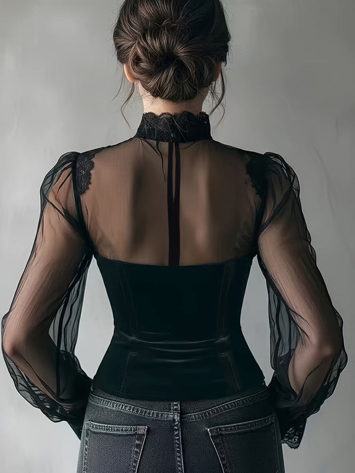 Blouse pour femme en velours et mesh à col haut et manches longues