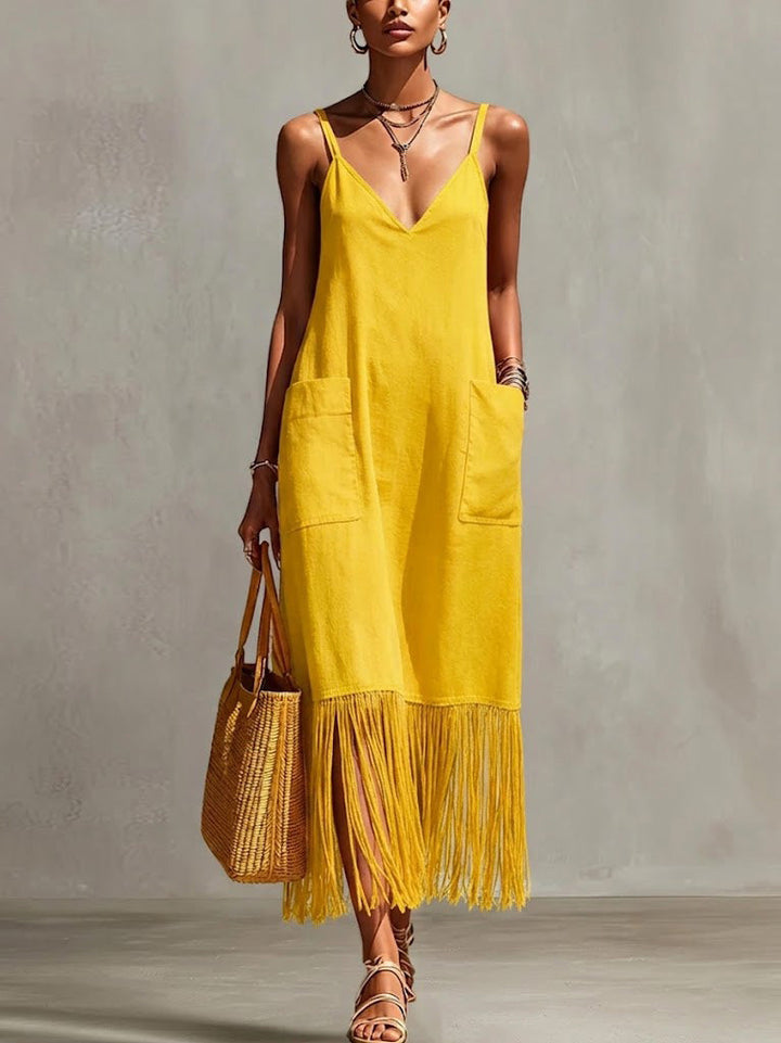 Women's Linen Maxi Dress Fringe Hem Sleeveless V-Neck Sundress