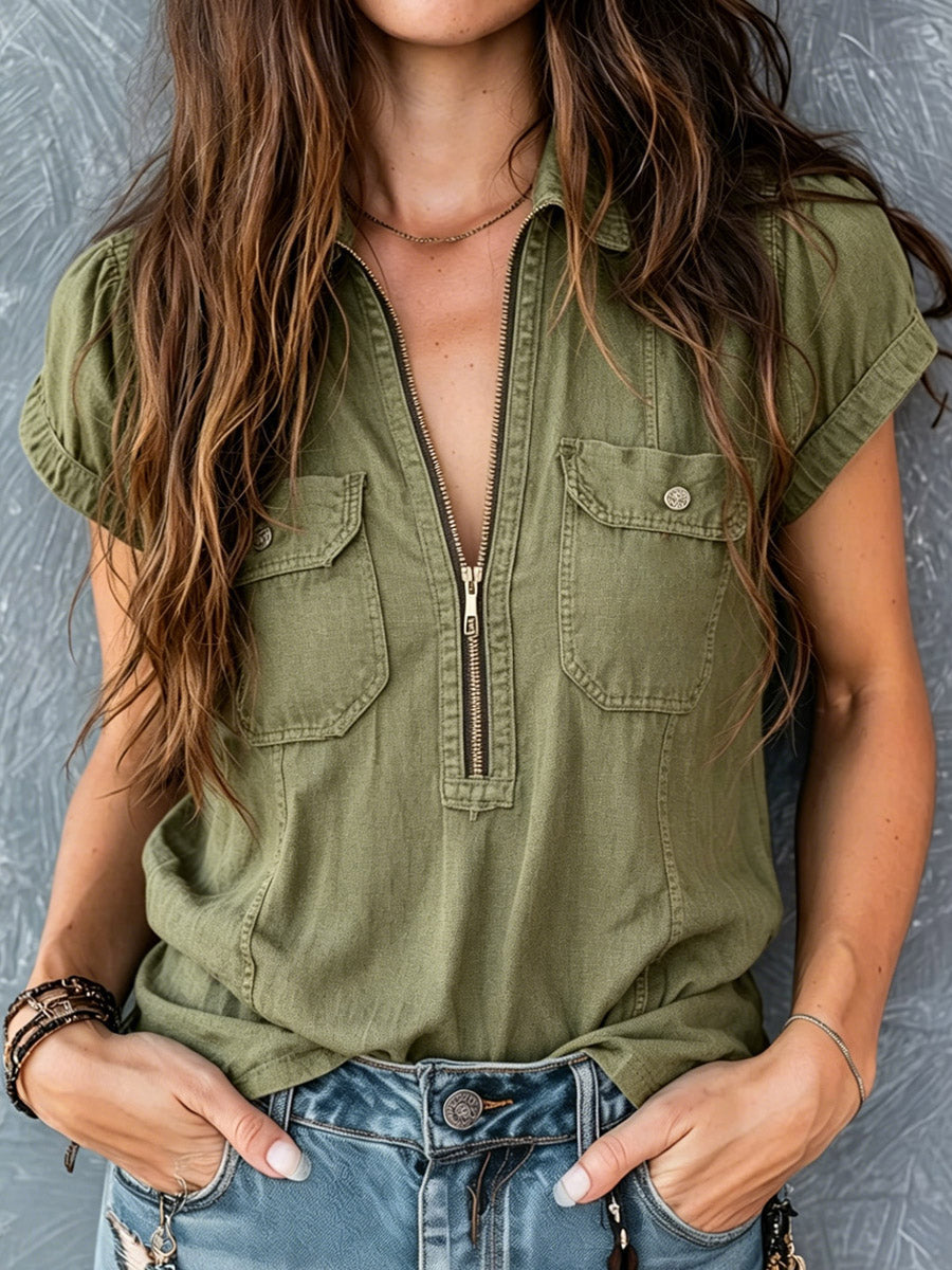 Women's Short Sleeve V-Neck Zip Front Denim Shirt