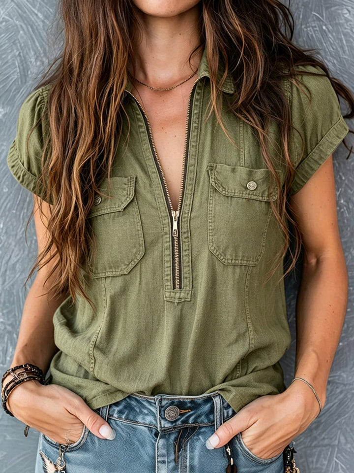 Women's Short Sleeve V-Neck Zip Front Denim Shirt