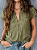 Women's Short Sleeve V-Neck Zip Front Denim Shirt