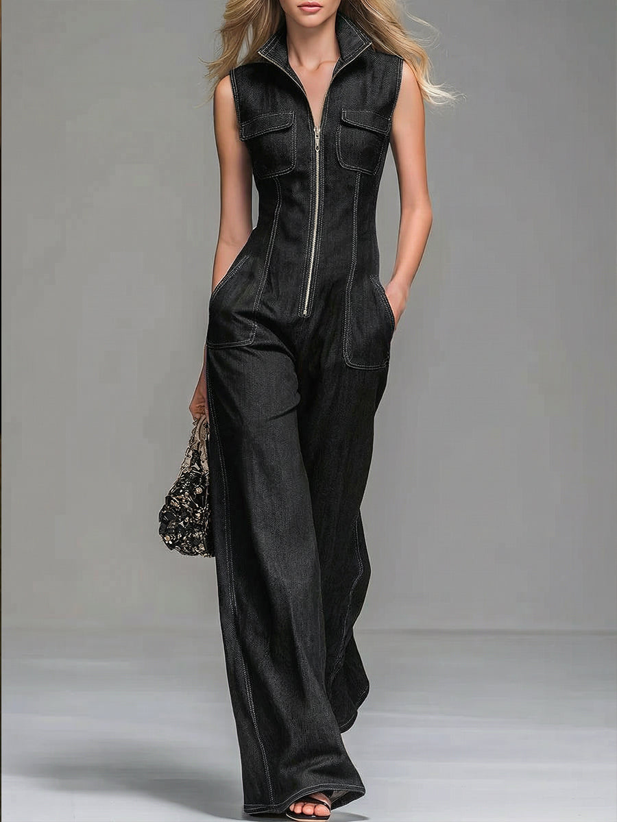 Women's Denim Jumpsuit Sleeveless Wide Leg Romper