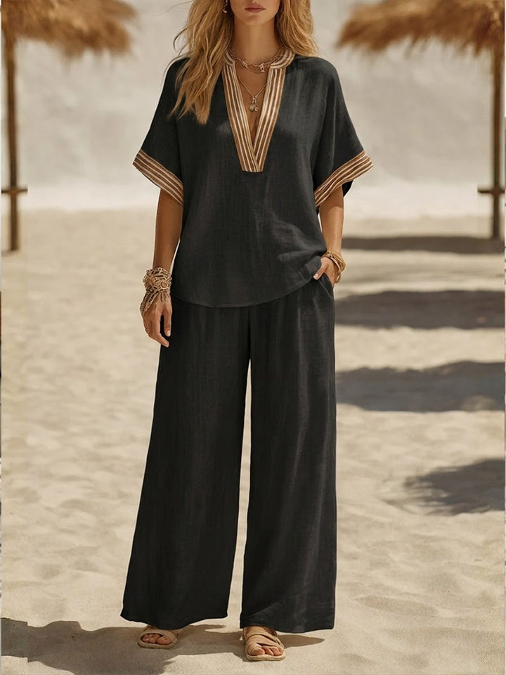 Women's Linen Two Piece Set Wide Leg Trousers and V Neck Tunic Top Outfit